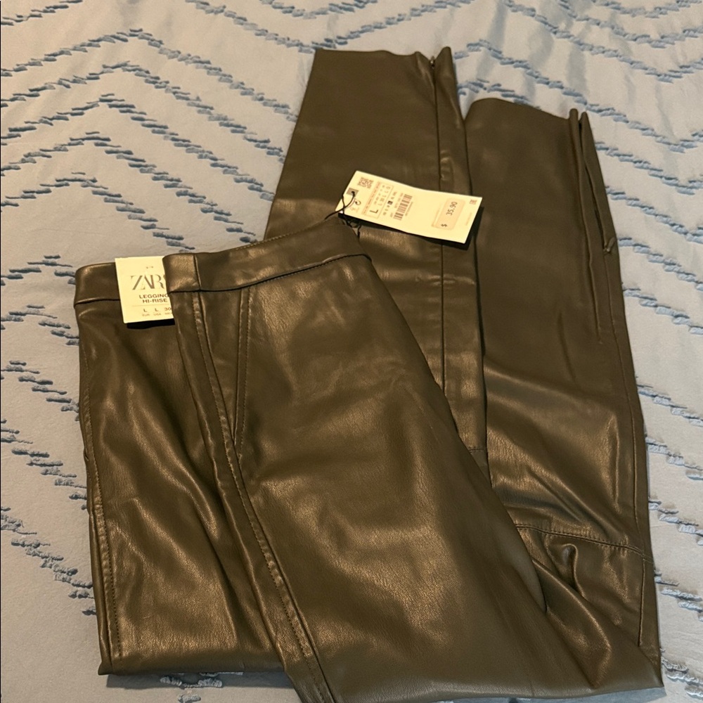 Zara Khaki Faux Leather Trousers